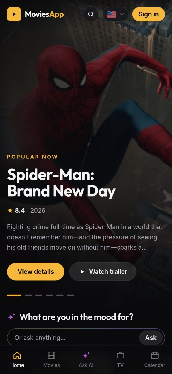 MoviesApp home page on a phone